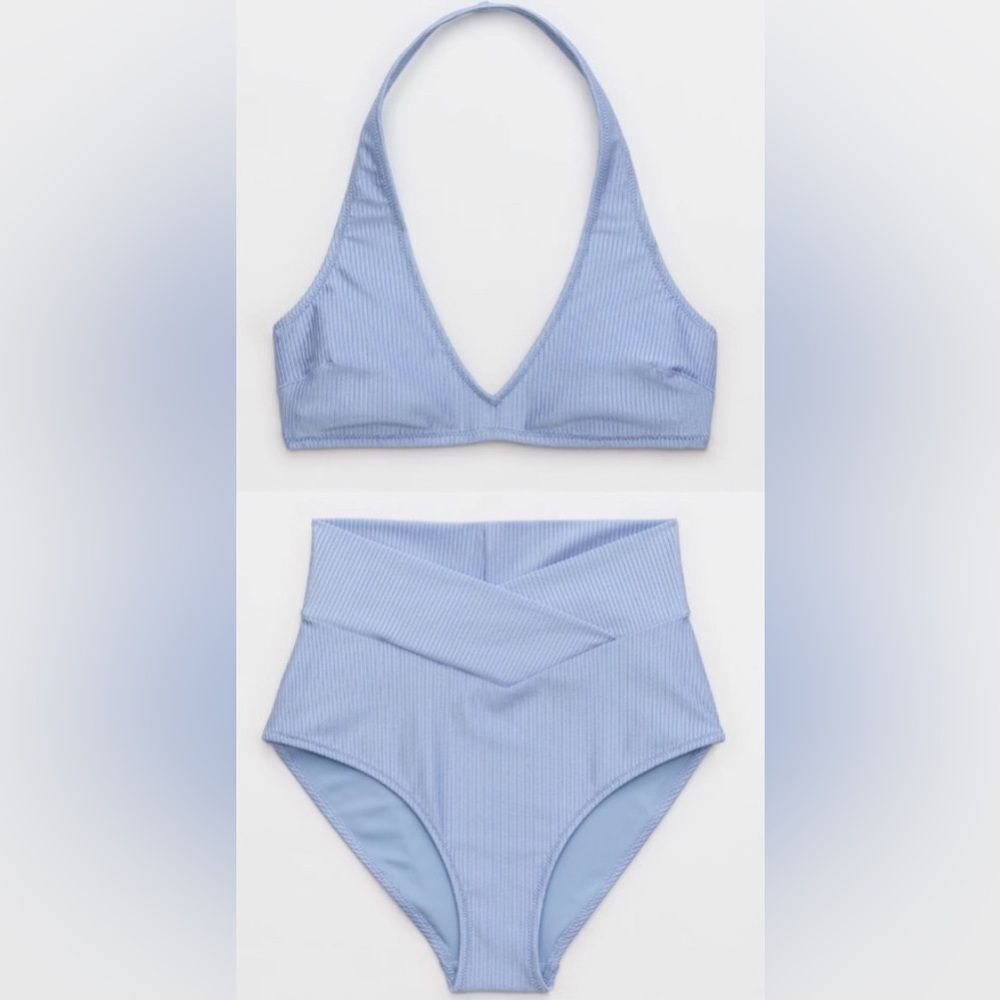 NWT Aerie FULL SET Shine Rib Halter Top + Crossover High Waisted Bottom in Blue